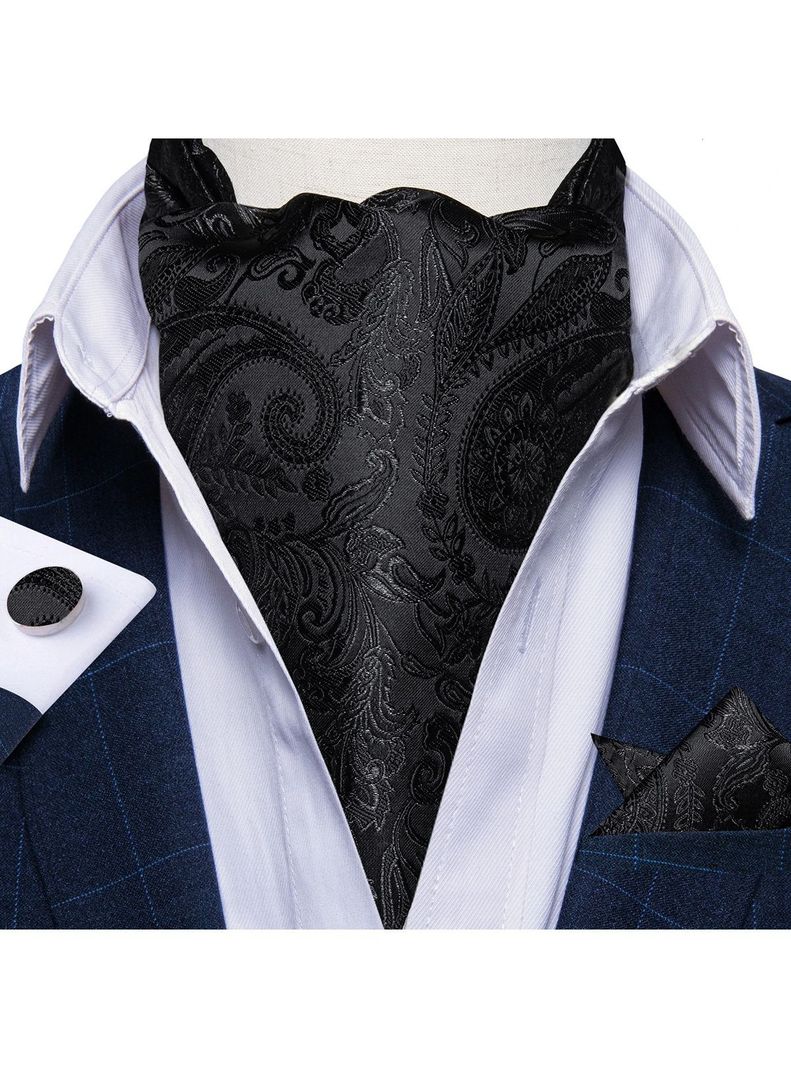 Corbata Gruesa Ascot + Paño + Colleras hombre. Negro Flores-0