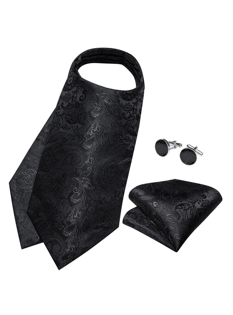 Corbata Gruesa Ascot + Paño + Colleras hombre. Negro Flores-1