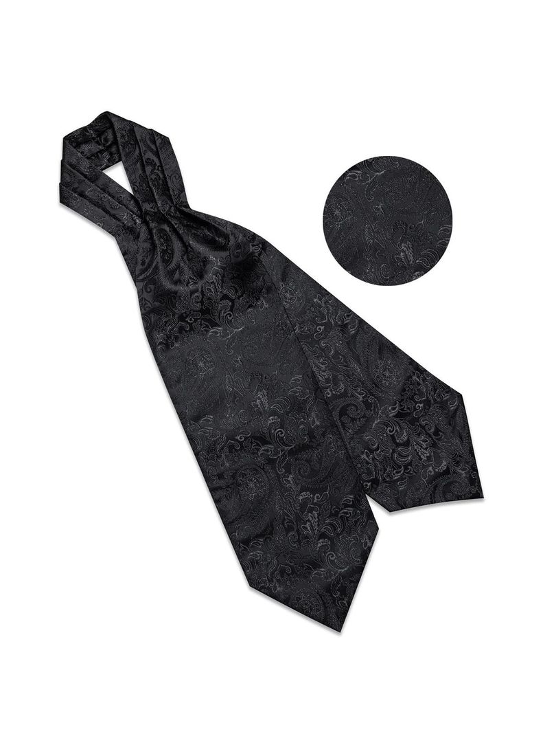 Corbata Gruesa Ascot + Paño + Colleras hombre. Negro Flores-2