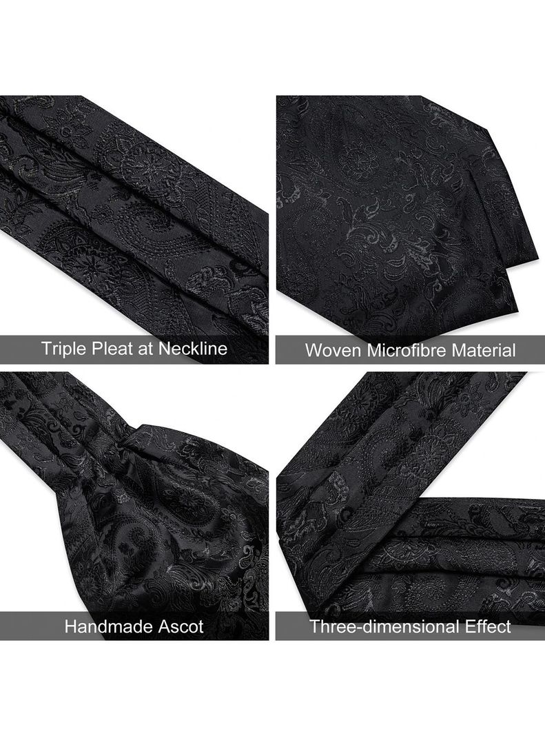 Corbata Gruesa Ascot + Paño + Colleras hombre. Negro Flores-3