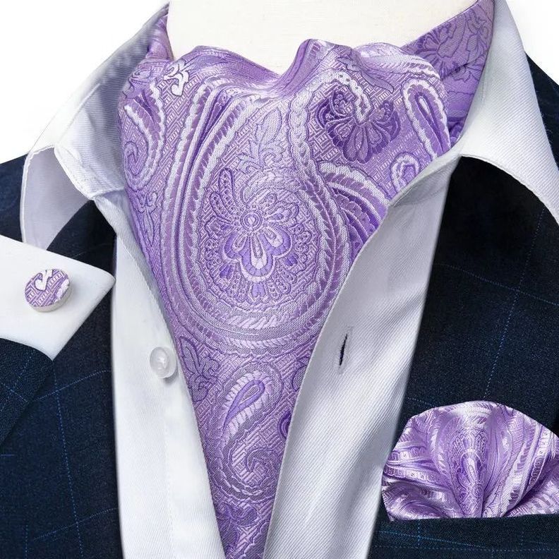 Corbata Gruesa Ascot + Paño + Colleras hombre. Lila Flores-0