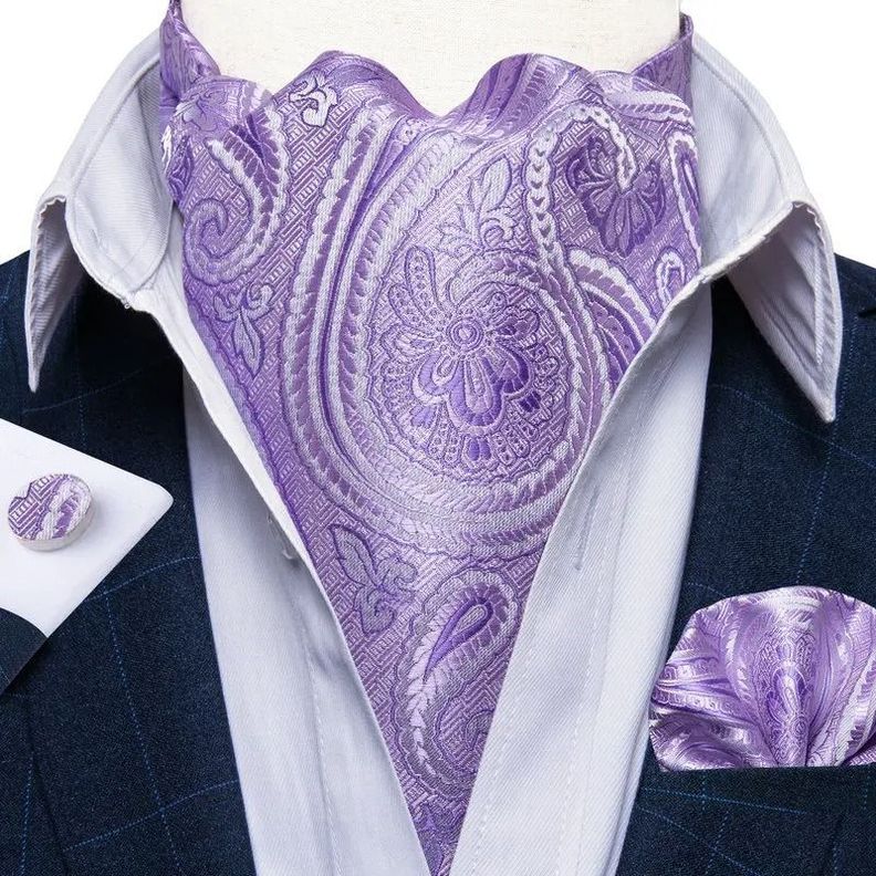 Corbata Gruesa Ascot + Paño + Colleras hombre. Lila Flores-1