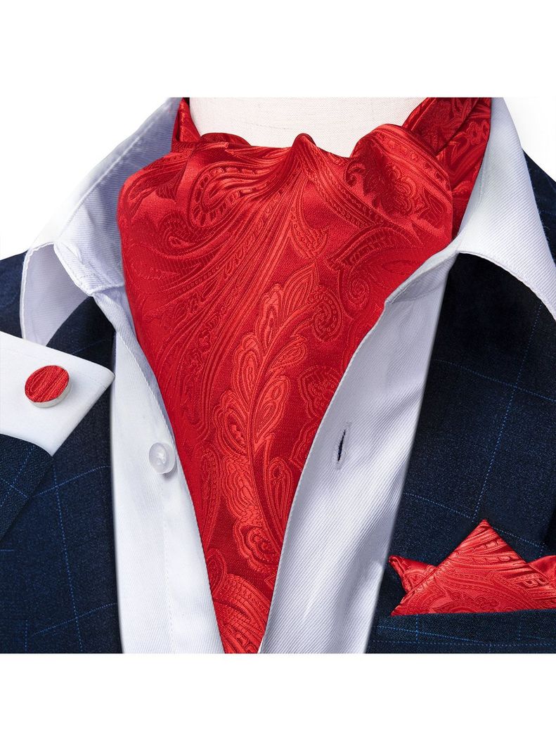 Corbata Gruesa Ascot + Paño + Colleras hombre. Rojo Flores-0