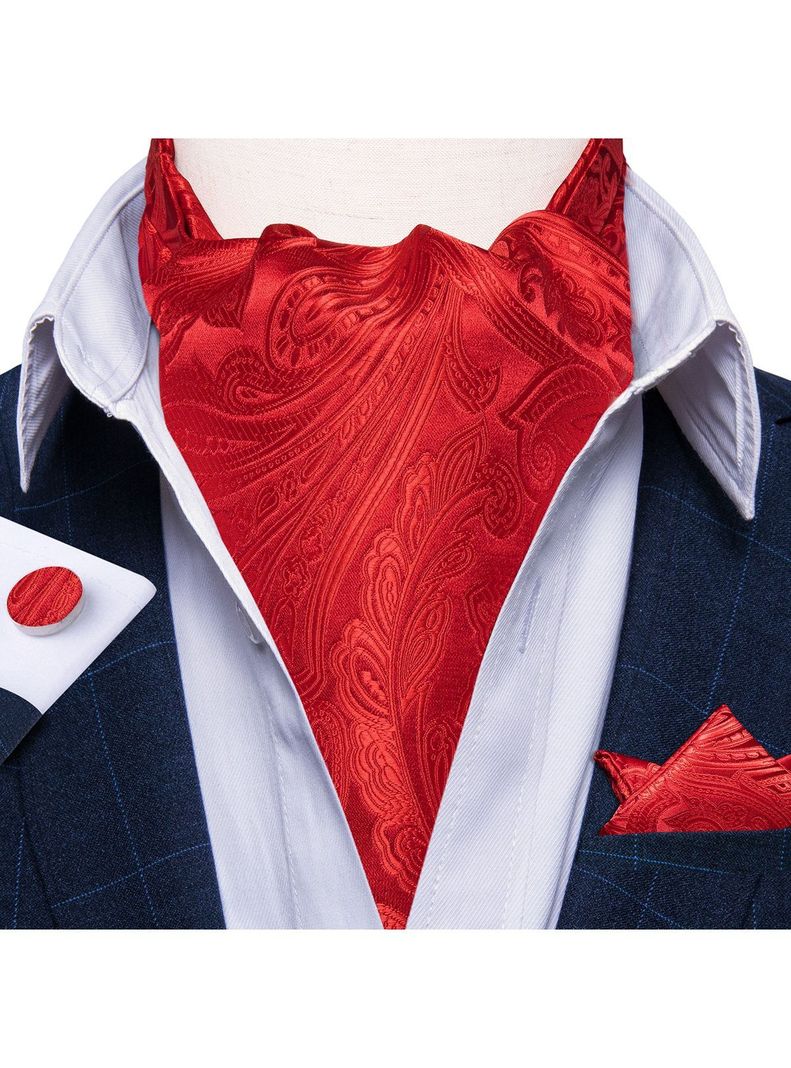 Corbata Gruesa Ascot + Paño + Colleras hombre. Rojo Flores-1