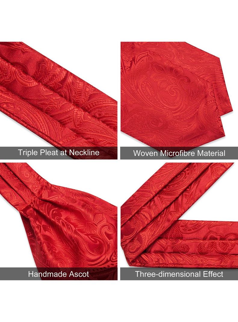 Corbata Gruesa Ascot + Paño + Colleras hombre. Rojo Flores-5