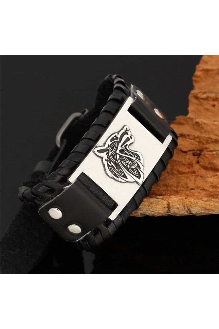 Pulsera cuero ajustable. Modelo Lonewolf Negro-1