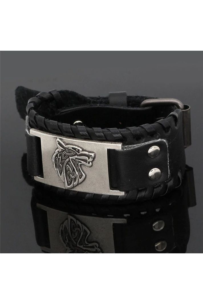 Pulsera cuero ajustable. Modelo Lonewolf Negro-3