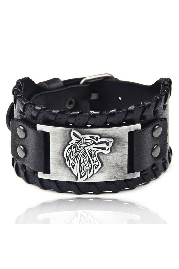 Pulsera cuero ajustable. Modelo Lonewolf Negro-0