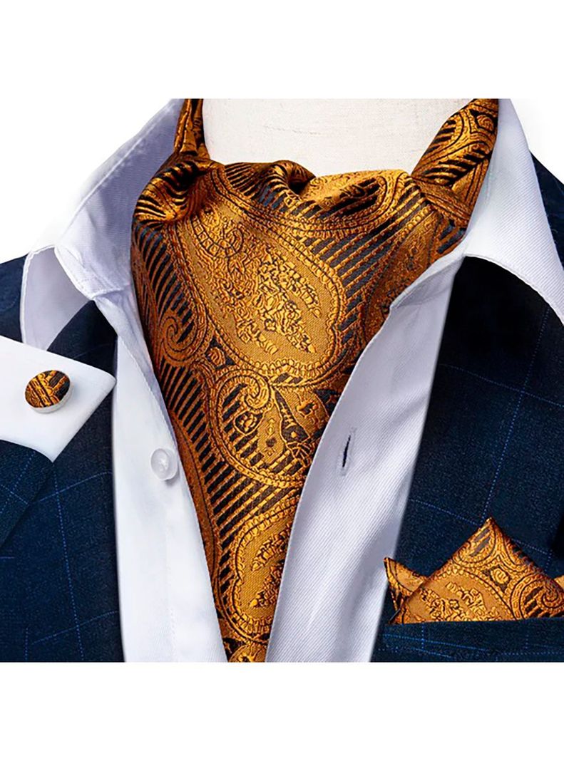 Corbata Gruesa Ascot + Paño + Colleras hombre. Café Flores-0