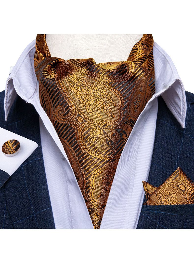 Corbata Gruesa Ascot + Paño + Colleras hombre. Café Flores-1