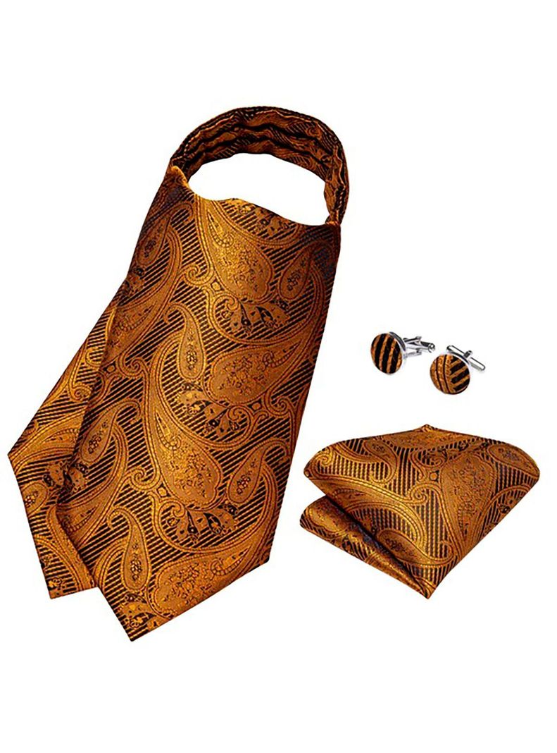 Corbata Gruesa Ascot + Paño + Colleras hombre. Café Flores-2