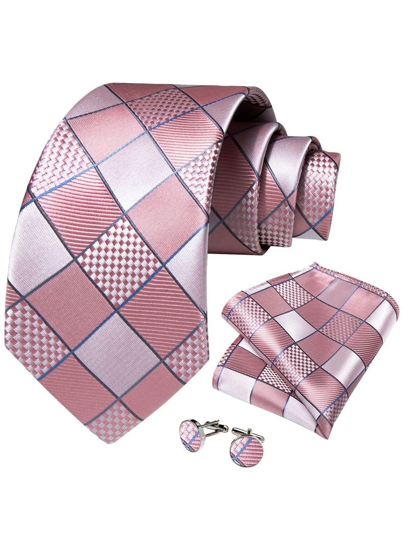 Corbata Seda Hombre con paño y colleras. Modelo Cuadros Rosa y Plateado-0