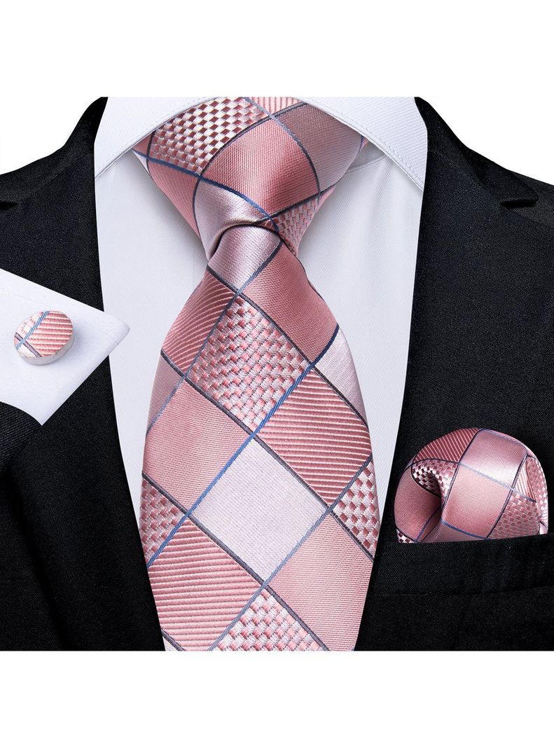 Corbata Seda Hombre con paño y colleras. Modelo Cuadros Rosa y Plateado-1