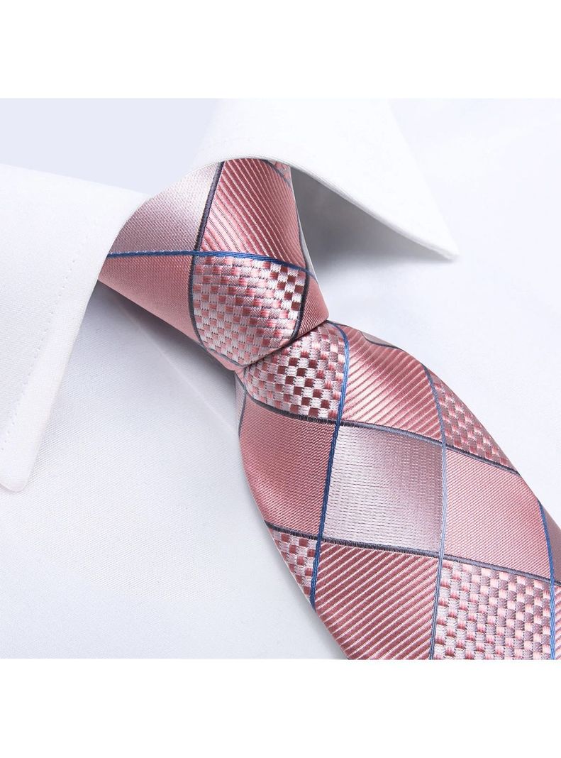 Corbata Seda Hombre con paño y colleras. Modelo Cuadros Rosa y Plateado-2