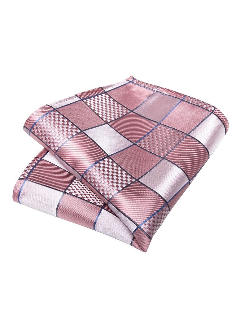 Corbata Seda Hombre con paño y colleras. Modelo Cuadros Rosa y Plateado-3
