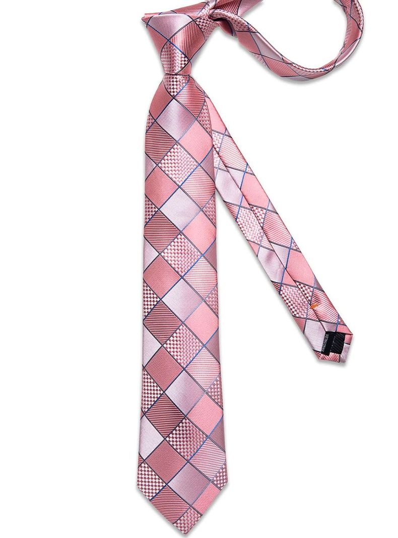 Corbata Seda Hombre con paño y colleras. Modelo Cuadros Rosa y Plateado-4