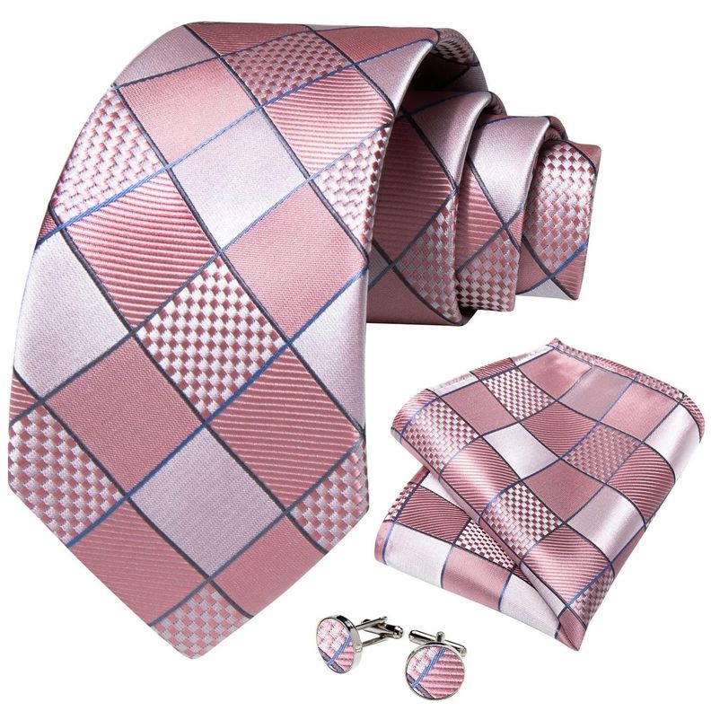 Corbata para hombre seda con panuelo colleras Cuadros Rosa y Plateado Rosado