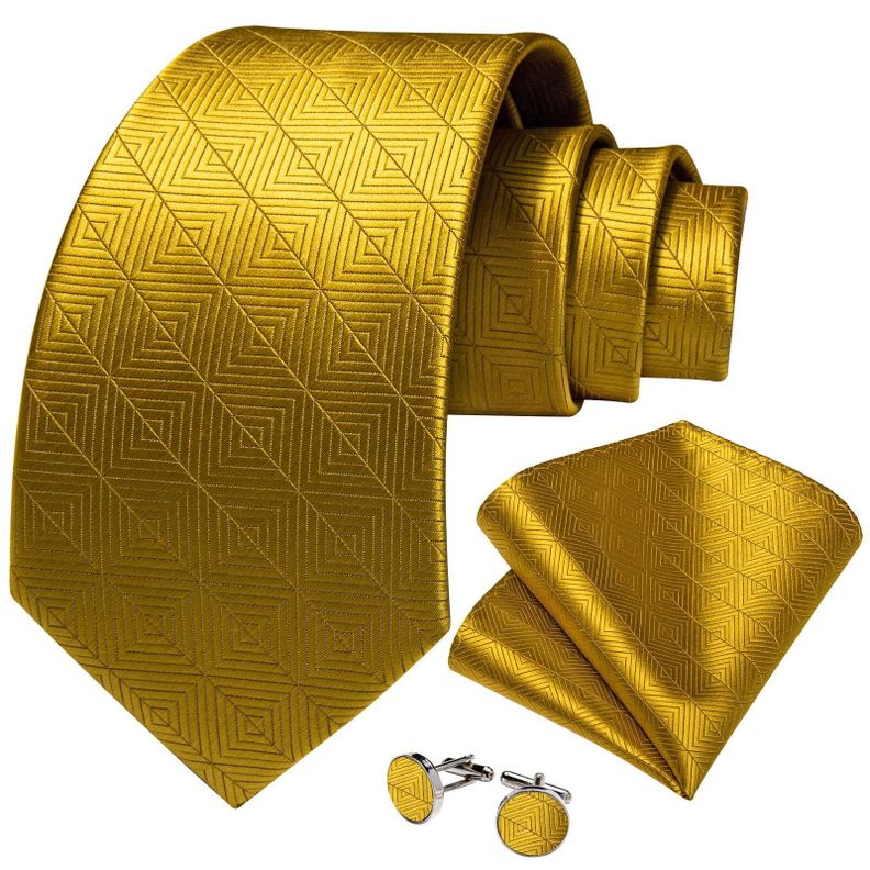 Corbata Dorada Hombre Seda + Paño + Colleras . Modelo Dorado Cuadros-0