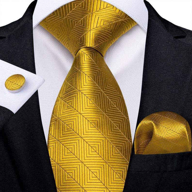 Corbata Dorada Hombre Seda + Paño + Colleras . Modelo Dorado Cuadros-1
