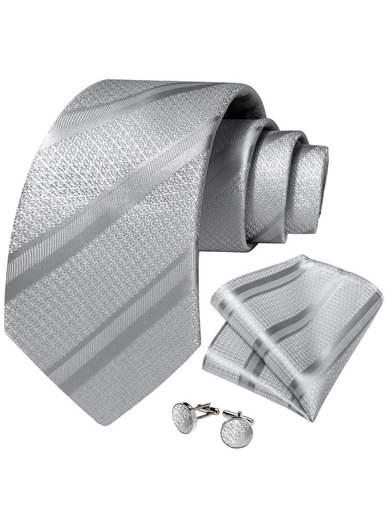 Corbata plateada Hombre Seda con paño y colleras. Modelo Plateado Metálico-0