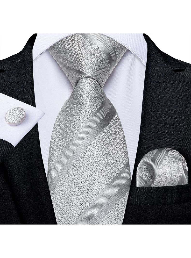 Corbata plateada Hombre Seda con paño y colleras. Modelo Plateado Metálico-1
