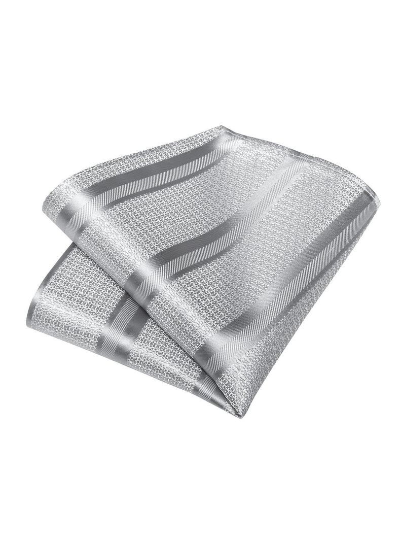 Corbata plateada Hombre Seda con paño y colleras. Modelo Plateado Metálico-3