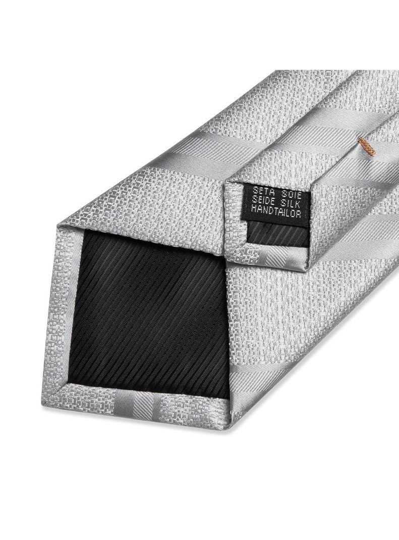Corbata plateada Hombre Seda con paño y colleras. Modelo Plateado Metálico-4