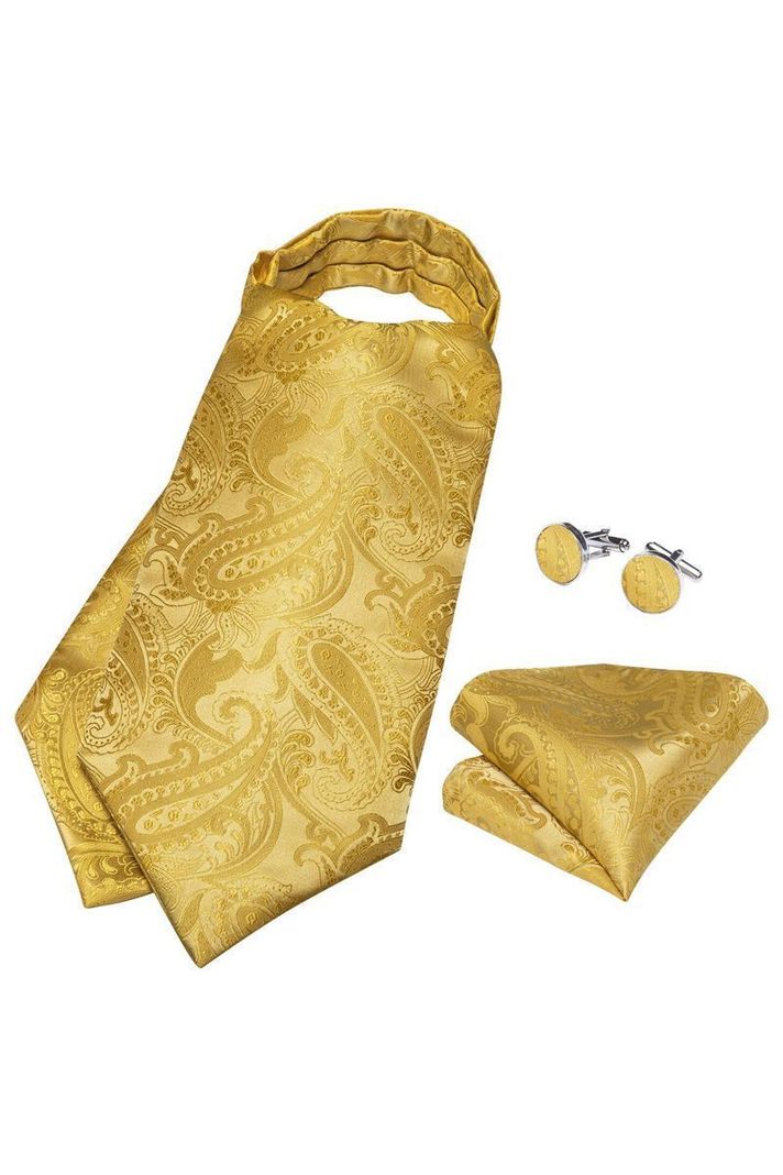 Set Corbata Gruesa Ascot + Paño + Collera formal hombre. Amarillo Rey-1