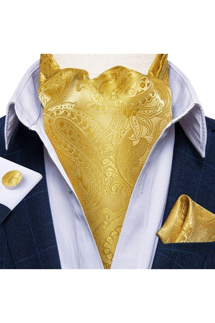 Set Corbata Gruesa Ascot + Paño + Collera formal hombre. Amarillo Rey-2