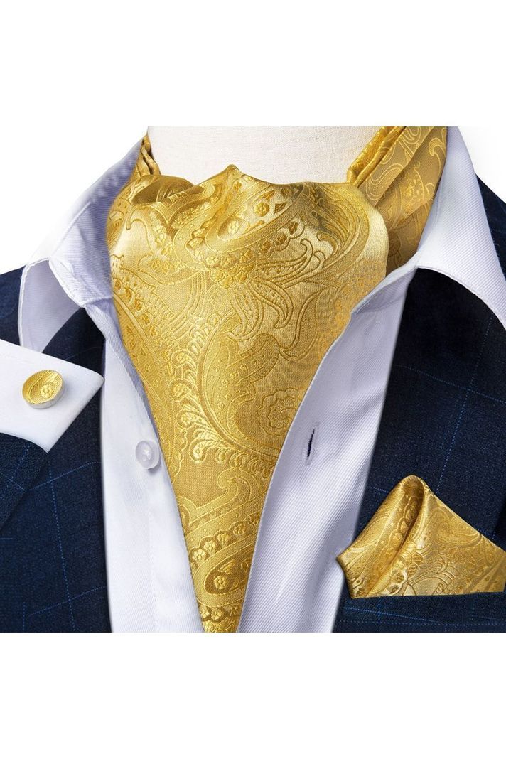 Set Corbata Gruesa Ascot + Paño + Collera formal hombre. Amarillo Rey-0