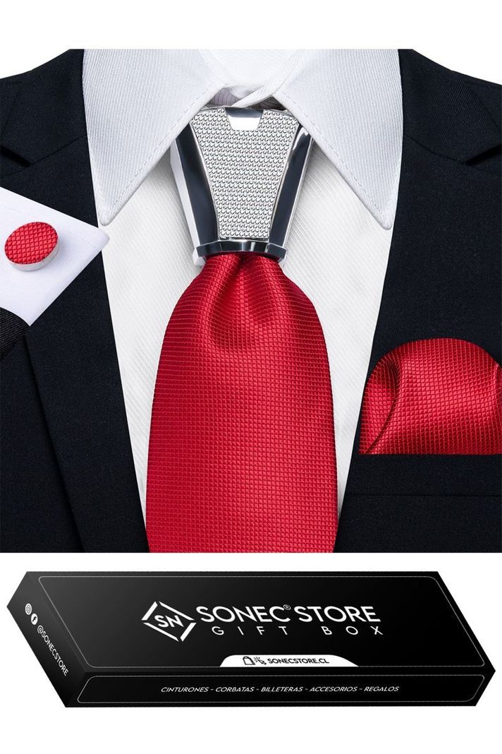 Corbata para regalo Hombre con nudo metalico paño y colleras en Caja-5