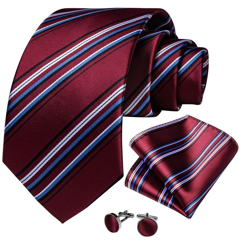 Corbata Hombre Seda + Paño + Colleras formal. Modelo Tricolor Rayas-0