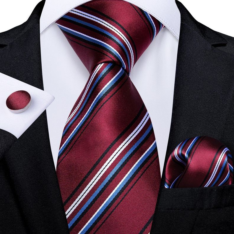 Corbata Hombre Seda + Paño + Colleras formal. Modelo Tricolor Rayas-1