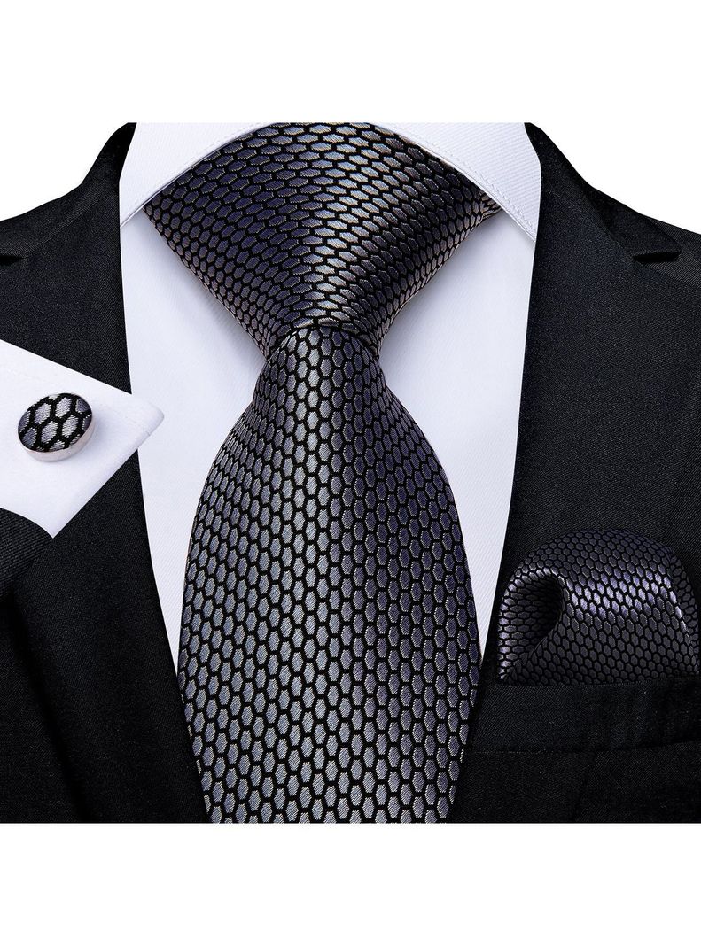 Corbata Grafito Seda con paño y colleras. Modelo Grafito Texturizado-1