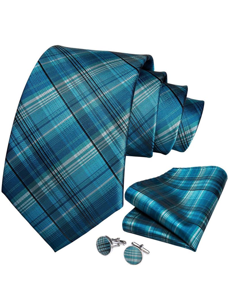 Corbata Hombre Seda + Paño + Colleras formal. Modelo Azul Cenizas-0