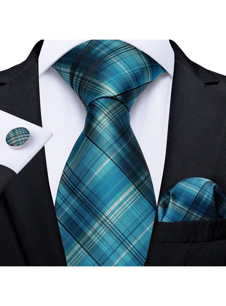 Corbata Hombre Seda + Paño + Colleras formal. Modelo Azul Cenizas-1