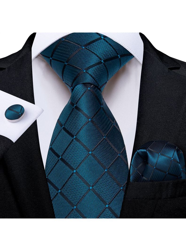 Corbata Hombre Seda con paño y colleras. Modelo Sangre Turquesa Oscuro-1