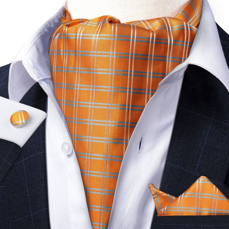 Corbata Gruesa Ascot + Paño + Colleras hombre. Naranjo Escoces-0
