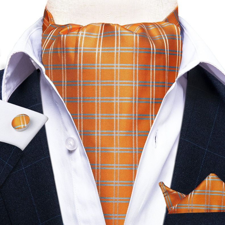 Corbata Gruesa Ascot + Paño + Colleras hombre. Naranjo Escoces-1