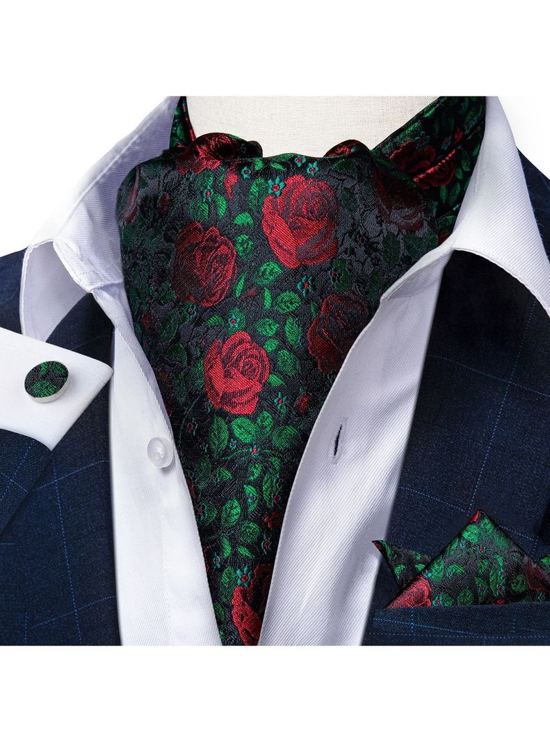 Corbata Gruesa Ascot Cravat + paño + colleras. Floreado Rosas Rojas-0