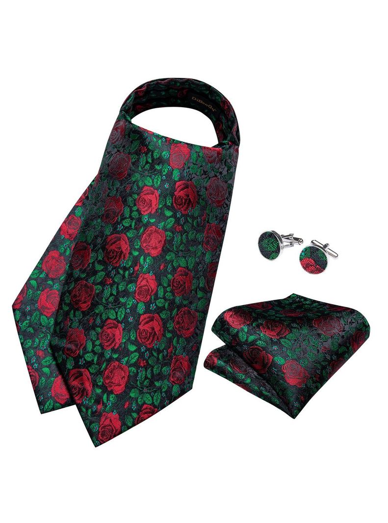 Corbata Gruesa Ascot Cravat + paño + colleras. Floreado Rosas Rojas-1