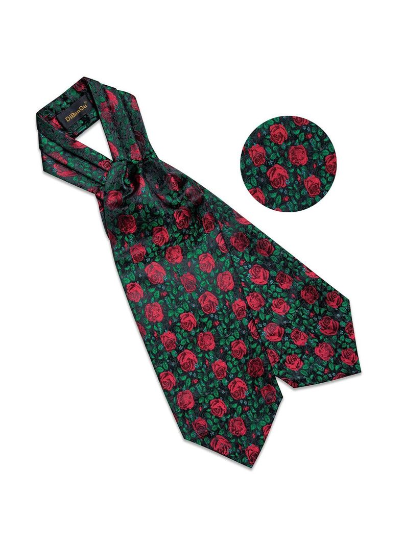Corbata Gruesa Ascot Cravat + paño + colleras. Floreado Rosas Rojas-2
