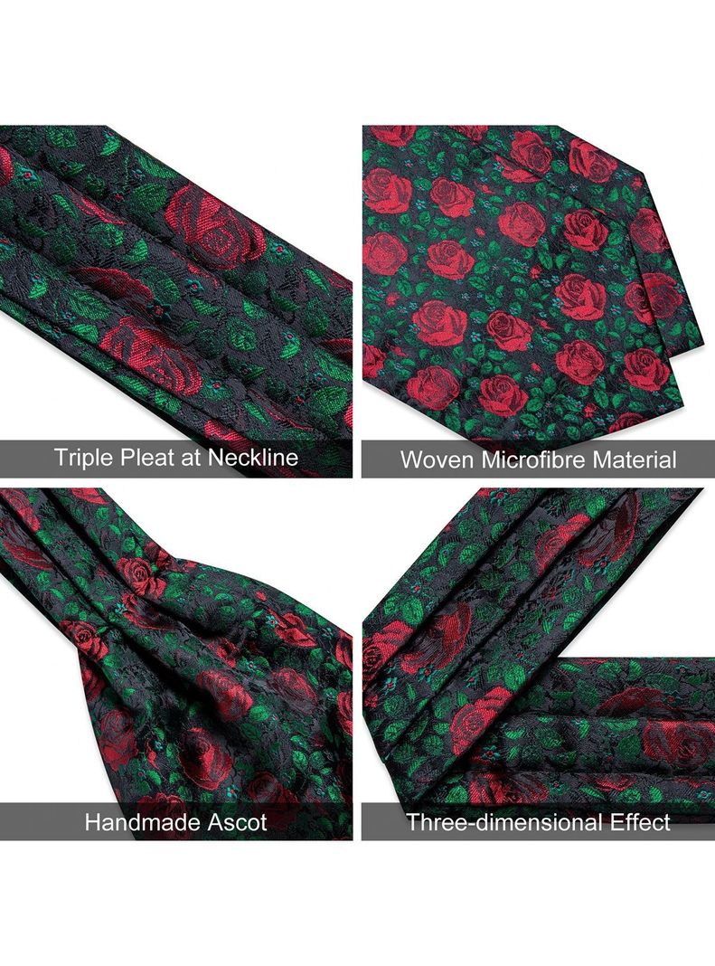 Corbata Gruesa Ascot Cravat + paño + colleras. Floreado Rosas Rojas-3