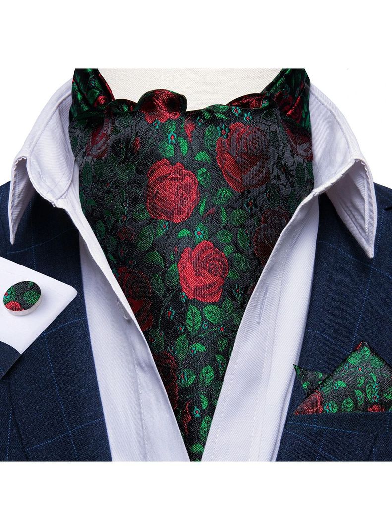 Corbata Gruesa Ascot Cravat + paño + colleras. Floreado Rosas Rojas-4