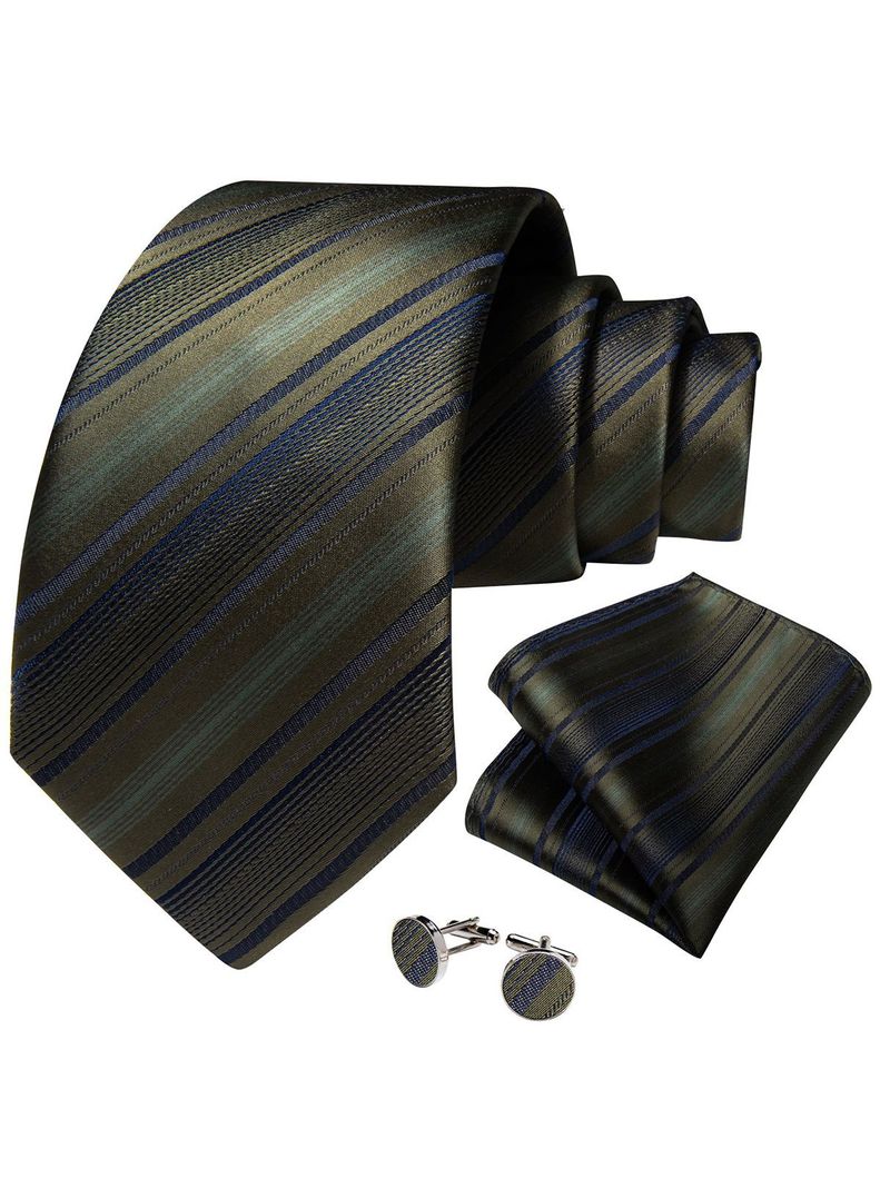 Corbata Seda Hombre con paño y colleras. Modelo Verde Musgo Rayas-0
