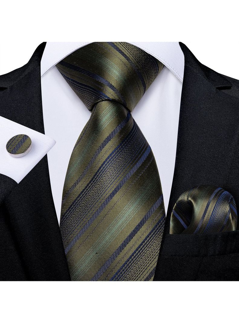 Corbata Seda Hombre con paño y colleras. Modelo Verde Musgo Rayas-1