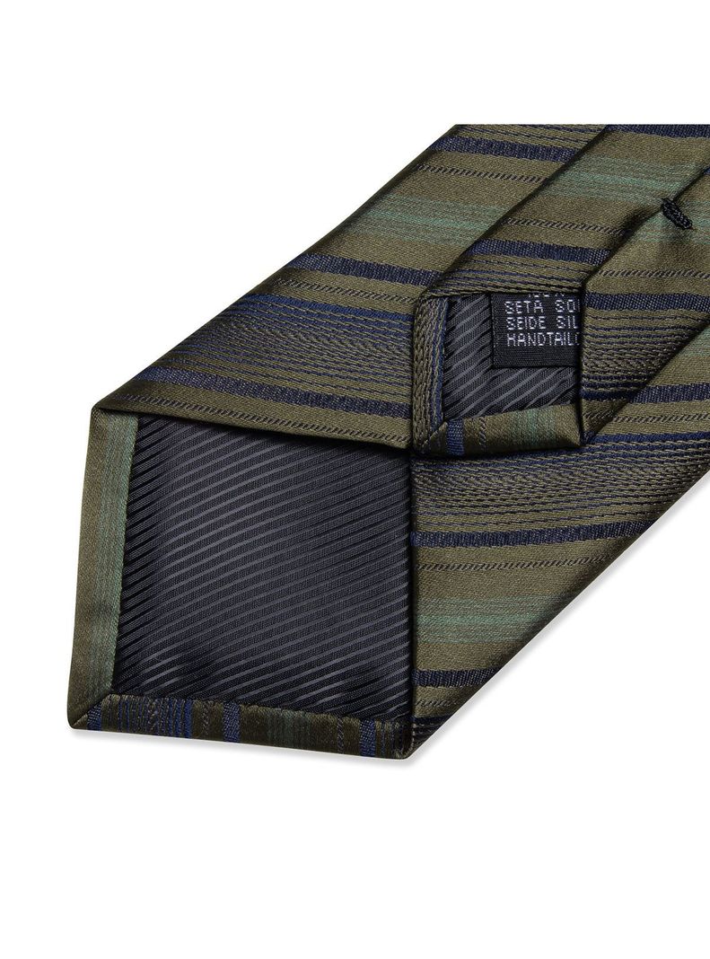 Corbata Seda Hombre con paño y colleras. Modelo Verde Musgo Rayas-4