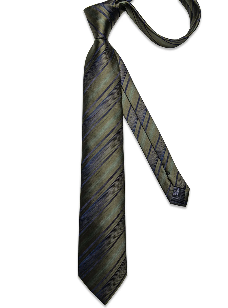 Corbata Seda Hombre con paño y colleras. Modelo Verde Musgo Rayas-5