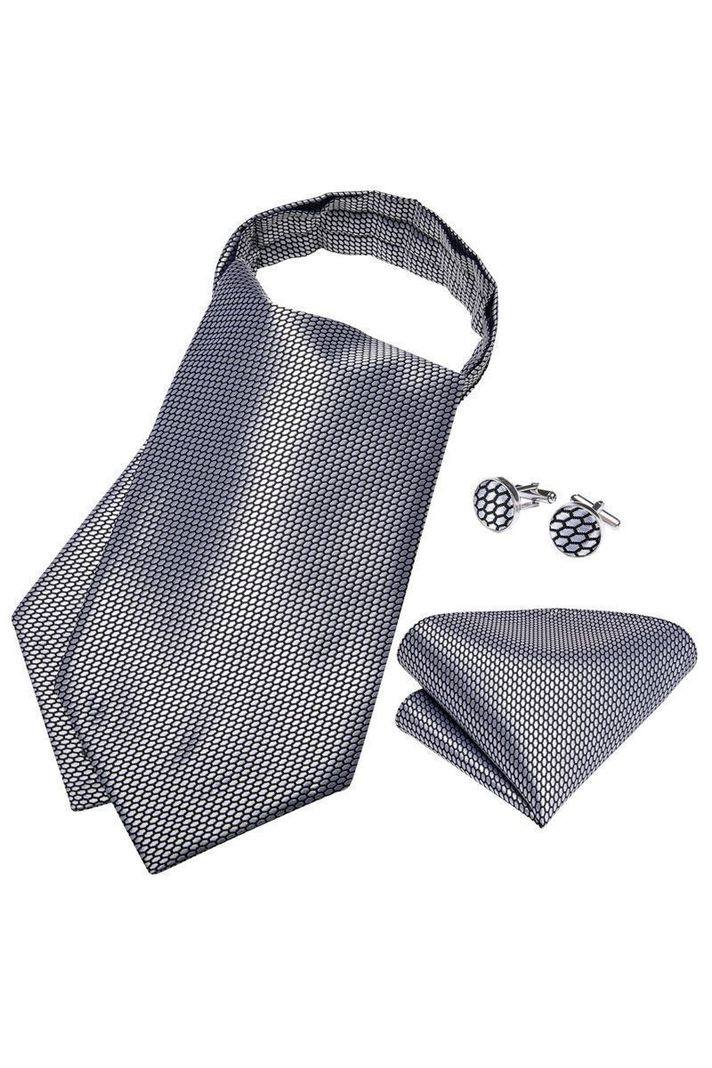 Set Corbata Gruesa Ascot + Paño + Collera formal hombre. Gris texturizado-1