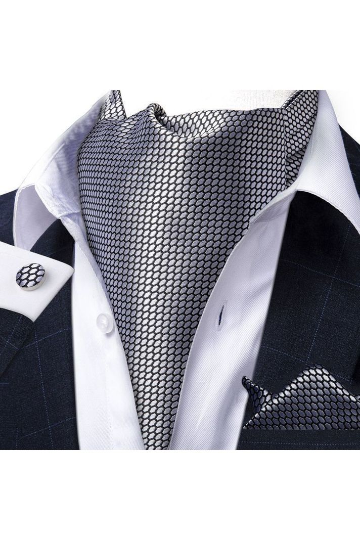 Set Corbata Gruesa Ascot + Paño + Collera formal hombre. Gris texturizado-0
